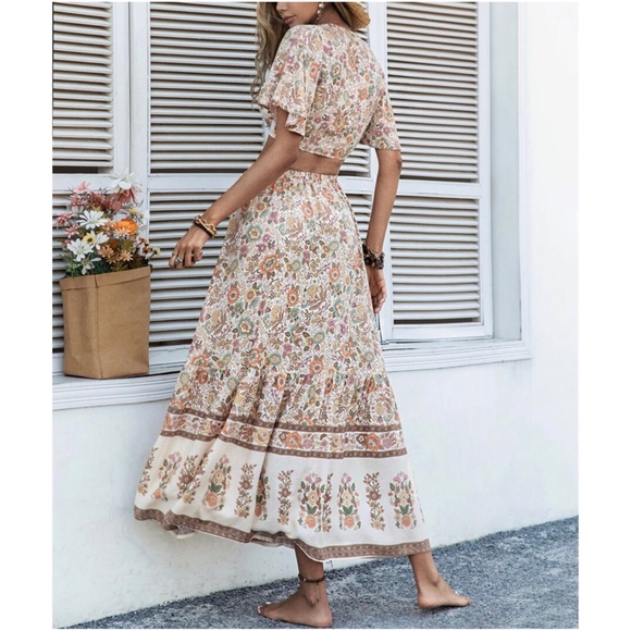 Boho Floral Print Button up Crop Top Maxi Skirt Set - Picture 2 of 6